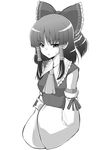  alpha-alf_layla annoyed ascot bow detached_sleeves greyscale hair_bow hair_tubes hakurei_reimu highres monochrome solo sweatdrop touhou upper_body wide_sleeves 