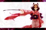  animal_ears asa_no_ha_(pattern) black_hair fox_ears japanese_clothes kimono maid_headdress mashiro_(bee0hatimitu) obi otome_youkai_zakuro purple_eyes sash short_hair solo susukihotaru sword weapon 