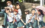  6+boys black_hair blonde_hair brown_hair camera go_robots multiple_boys multiple_girls original pompadour school_uniform serafuku short_hair twintails umbrella 