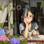  absurdres black_eyes black_hair book bottle bubble cup curtains eraser flower foge glasses highres hydrangea mug original pencil rain school_uniform serafuku snail solo water_bottle window 