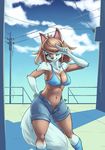  anthro clothing echoseed female legwear lycanroc nintendo one_eye_closed pok&eacute;mon shorts socks solo video_games wink 