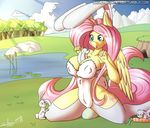  2016 absurd_res ambiguous_gender anthro anthrofied armpits blush breasts burrow cleavage clothed clothing cloud cutie_mark equine feathered_wings feathers female fluttershy_(mlp) friendship_is_magic group hair hi_res lagomorph lily_pad long_hair mammal my_little_pony outside pegasus pink_hair plant rabbit silverfox057 tree water wings 