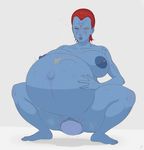  belly big_belly blue_skin female fugasvbashnyu hair hand_on_stomach humanoid lactating marvel mystique navel not_furry oviposition pussy red_hair solo x-men 
