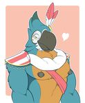  &lt;3 2017 anthro anti_dev avian biceps big_nipples bird blue_feathers border breath_of_the_wild clothed clothing feathers grey_nipples kass_(zelda) looking_at_viewer male muscular muscular_male nintendo nipples orange_feathers pecs simple_background solo the_legend_of_zelda topless video_games white_border yellow_eyes 