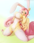  2017 absurd_res ambiguous_gender anthro anthrofied armpits blush clothed clothing cutie_mark equine feathered_wings feathers female fluttershy_(mlp) friendship_is_magic grass group hair hi_res lagomorph legwear long_hair mammal my_little_pony open_mouth outside pegasus pink_hair rabbit silverfox057 thigh_highs underwear wings 