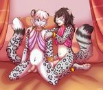 2017 animal_genitalia anthro balls barbed_penis bed black_hair clothed clothing crossdressing decessei detailed_background digital_media_(artwork) duo feline fur girly grey_fur hair humanoid_penis jewelry kellwolfik leopard male male/male mammal multicolored_fur necklace on_bed one_eye_closed paws penis pink_nose smile snow_leopard spots taiga_winters tuft white_hair wink yasha_the_husky 