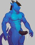  2017 5_fingers abs anthro armpits balls biceps big_penis biped blue_scales blue_tail brown_hair claws digital_media_(artwork) dragon green_eyes grey_background grey_horns grin hair horn humanoid_penis knuxlight male muscular muscular_male penis pinup pose precum scales scalie simple_background smile solo standing uncut white_claws xanderg 