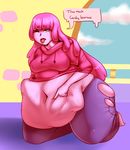  adventure_time belly big_belly breasts cartoon_network clothing female hair humanoid pink_hair pink_skin post_vore princess_bubblegum scoiipedes solo thick_thighs torn_clothing vore 