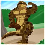  2016 aaron_(artist) abs anthro armpits balls belly biceps big_biceps big_penis big_tail brown_penis brown_tail claws cobra erection fangs flexing front_view huge_penis humanoid_penis long_tail looking_at_viewer male multicolored_tail muscular muscular_male nipples nude orange_eyes outside partially_retracted_foreskin pecs penis pose reptile scalie sharp_teeth simple_background sky snake solo spots standing teeth thick_penis thick_tail thick_thighs toe_claws tongue tongue_out tree triceps uncut vein veiny_penis 