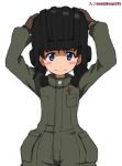  arms_up artist_name bangs black_gloves black_hat blue_eyes blush_stickers brown_hair closed_mouth commentary cowboy_shot emblem girls_und_panzer gloves green_jumpsuit hands_on_headwear hat katyusha kayabakoro looking_at_viewer nina_(girls_und_panzer) pravda_military_uniform short_hair simple_background sketch smile solo standing tank_helmet twitter_username white_background 