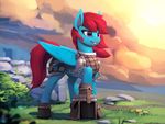  animated armor blue_feathers day detailed_background equine fan_character feathered_wings feathers female feral grass hooves mammal my_little_pony no_sound outside pegasus purple_eyes rodrigues404 smile standing wings 