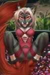 anthro blonde_hair canine cervine clothed clothing deer detailed_background female fluffy fluffy_tail hair hooves hybrid looking_at_viewer mammal orange_eyes sitting smile solo spread_legs spreading tril-mizzrim wide_hips wolf 