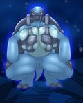  2017 anthro anthrofied blue_background blue_skin carracosta claws crouching female looking_at_viewer lurkingtyger nintendo pok&eacute;mon pok&eacute;morph pussy reptile scalie shell simple_background solo thick_thighs toe_claws turtle video_games 