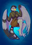  2017 anthro anthrofied areola avian beak black_feathers black_hair black_nipples blue_background breasts brown_feathers butt claws feathered_wings feathers female grey_feathers hair half-closed_eyes lying nintendo nipples nude on_back pok&eacute;mon pok&eacute;morph shibeari_(artist) simple_background solo toe_claws unfezant video_games wings yellow_eyes 