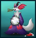  2016 alternate_color belly big_belly burping christmas delphox digestion drooling english_text female fur green_background grey_fur half-closed_eyes hand_on_stomach hat holidays inner_ear_fluff nintendo nude pok&eacute;mon purple_fur red_fur saliva santa_hat shiny_pok&eacute;mon simple_background solo stick teeth text tongue tongue_out video_games vore white_fur ziravore 