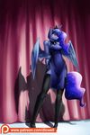  2017 anthro anthrofied blue_feathers blush clothed clothing cutie_mark d-lowell equine feathered_wings feathers female friendship_is_magic hair horn legwear long_hair mammal my_little_pony patreon princess_luna_(mlp) solo standing thigh_highs winged_unicorn wings 
