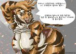  abstract_background anthro armpits bent_over big_breasts black_sclera breasts clothing dialogue feline female fur grey_background hanging_breasts koreanmadfox looking_at_viewer mammal mature_female open_mouth raised_arm raised_shirt shorts simple_background solo striped_fur stripes tiger yellow_eyes 