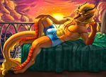  abs anthro armpits avian azsola backlit balcony barefoot bed biceps biped bird blonde_hair bulge claws clothed clothing cloud day detailed detailed_background digital_drawing_(artwork) digital_media_(artwork) digitigrade dragon eastern_dragon full-length_portrait hair horn light looking_at_viewer lying male manly multicolored_scales muscular muscular_male on_back on_bed orange_scales outside pecs pinup portrait pose scales seductive shadow side_view sky smile soft_shading solo sun sunset swimming_trunks swimsuit topless warm_colors yellow_eyes yellow_scales 