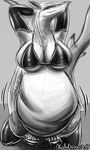  2017 anthro armpits armwear belly big_belly big_breasts breasts clothed clothing digestion english_text female fin fish grey_background hair huge_breasts kneeling legwear long_hair looking_at_viewer marine monochrome navel nipple_bulge orcasanddragons raised_arm shark signature simple_background sketch smile solo teeth text vore 