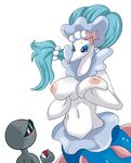  2017 anonymous anthro big_breasts blue_eyes blue_hair blush breasts duo female hair holding_breast huge_breasts ichduhernz long_hair looking_at_viewer mammal marine nintendo nipples nude pink_nose pinniped pok&eacute;mon primarina simple_background smile sweat tumother video_games white_skin 