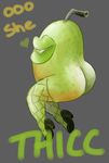  2017 ambiguous_gender big_lips biting_pear_of_salamanca butt clothed clothing english_text food footwear fruit glassbutton_(artist) high_heels humor joke leggings legwear lips nightmare_fuel not_furry partially_clothed pear shoes text thick_thighs what_has_science_done why 