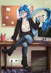  amber_eyes anthro blue_hair clothing computer detailed_background diaminerre dragon female hair horn jacket markings office scalie stickers 