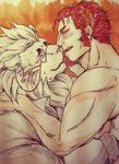  anthro claude eyewear feline human kissing lion male male/male mammal mane monocle nude simple_background snow_(tas) tkgimr tokyo_afterschool_summoners 