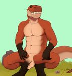  anthro balls big_penis crouching dinosaur flaccid humanoid_penis jaysee koorivlf long_foreskin male muscular nipples nude penis solo spread_legs spreading theropod tyrannosaurus_rex uncut 