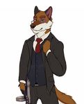  anthro canine clothed clothing fur gun koorivlf looking_at_viewer m1_thompson male mammal necktie ranged_weapon smile solo standing weapon 