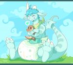  blue_hair claws cuddlehooves diaper dragon eyes_closed feet feral grass hair horn male plushie sitting solo tongue wings 