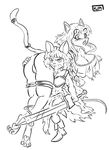  anthro armor barbarian big_breasts blush bracelet breasts butt cat clothed clothing duo feline female female/female fur hair jewelry looking_at_viewer mammal melee_weapon mouse muscular punishedkom pussy rodent simple_background surprise sword warrior weapon 