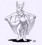  2017 anthro bat belly_dancer bra breasts clothing dipstick_tail female flying_fox looking_at_viewer mammal monochrome multicolored_tail navel neck_tuft panties rabbi-tom simple_background small_breasts smile solo standing translucent transparent_clothing tuft underwear winged_arms wings 
