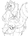  2017 anthro big_breasts big_butt bottomless bra breasts butt canine clothed clothing coyote english_text eyewear fenrir_lunaris fur glasses hair hand_on_butt huge_breasts huge_butt long_hair looking_at_viewer looking_back mammal monochrome raised_tail rear_view side_boob signature simple_background tattoo text underwear voluptuous white_background wide_hips 