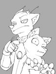  anthro bigdad canine clothed clothing duo fur male mammal monochrome one_eye_closed simple_background 