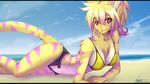  16:9 5_fingers amy_pratt anthro beach bikini breasts clothed clothing cloud feline female fur hair hi_res iontoon looking_at_viewer lying mammal outside pink_eyes ponytail seaside shorts skimpy sky smile solo stripes swimsuit unzipped water wide_hips 