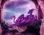  5_fingers anthro breasts claws detailed_background digitigrade dragon featureless_crotch female horn lying membranous_wings nipples nude purple_eyes purple_skin selianth solo wings 