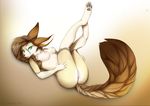  2017 anthro braided_hair breasts brown_hair butt canine female fennec fox green_eyes hair legs_up lycangel mammal nipples nude pussy solo tongue tongue_out 