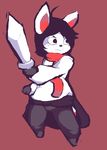  2012 ambiguous_gender anthro black_eyes black_hair clothed clothing fully_clothed fur hair hori mammal melee_weapon nystre red_background restricted_palette scarf simple_background solo standing sword weapon white_fur 