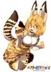  2017 amber_eyes anthro black_nose blonde_hair blush brown_fur buried_frog clothed clothing feline female fur hair hi_res kemono_friends kneeling legwear leopard long_ears looking_at_viewer mammal open_mouth serval_(kemono_friends) short_hair simple_background smile solo spots stockings stripes teeth white_background yellow_fur 