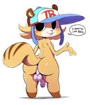  anthro backsack balls baseball_cap breasts butt dickgirl english_text flaccid hat intersex looking_back mammal nude partially_retracted_foreskin penis rodent simple_background small_breasts solo squirrel sssonic2 text uncut white_background 