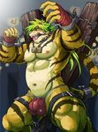  2017 5_fingers abs anthro armpits bdsm biceps bit_gag blush bondage bound brown_stripes bulge chain chained clothed clothing collar countershade_face countershade_torso countershading digital_drawing_(artwork) digital_media_(artwork) elbow_tufts eyebrows fangs feline fingernails fist fur gag gagged green_eyes green_hair hair hyper hyper_muscles iron_cuffs long_hair looking_at_viewer magan male mammal multicolored_fur muscular muscular_male nameplate navel nipples orange_fur orange_tail pecs pink_nose pink_tongue portrait saint_andrew&#039;s_cross simamanta solo spiked_collar spikes standing straps striped_fur striped_tail stripes submissive sweat tail_bondage three-quarter_portrait tiger tokyo_afterschool_summoners tongue tongue_out topless tuft two_tone_fur underwear whiskers white_fur wraps wrist_cuff 