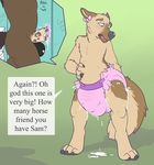  abdominal_bulge anthro balls better_version_at_source biped blush brown_fur canine carnival-tricks cum cum_inflation cum_leaking dialogue diaper english_text equine fur girly hair_bow hair_ribbon inflation male male/male mammal penis portal portal_ring ribbons text 