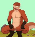  anthro crouching dinosaur featureless_crotch jaysee koorivlf male muscular nipples nude solo spread_legs spreading theropod tyrannosaurus_rex 