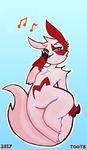  2017 abstract_background ambiguous_gender anthro barefoot facial_markings mammal markings mongoose musical_note nintendo pok&eacute;mon signature simple_background solo thick_thighs toot6 video_games wide_hips zangoose 