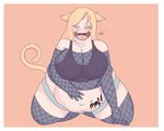  animal_humanoid armwear belly big_belly big_breasts blonde_hair blush border breasts cat_humanoid cleavage clothed clothing elbow_gloves english_text eye_roll feline female fishnet glittoris gloves hair half-closed_eyes hand_on_stomach huge_breasts huge_thighs humanoid kneeling legwear mammal navel nipple_bulge obese open_mouth overweight simple_background solo text thick_thighs thigh_highs vore 