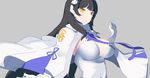  absurdres aosora_kamiya august1st black_hair breasts cape cleavage girls_frontline gloves gradient gradient_background hairband highres large_breasts long_hair qbz-95_(girls_frontline) simple_background smile solo white_gloves yellow_eyes 