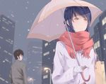  1girl bag black_hair blurry blurry_background braid brown_eyes brown_hair cityscape commentary_request depth_of_field faceless faceless_male french_braid gloves hair_ribbon holding holding_umbrella kanon_(https.) kimi_no_na_wa lamppost long_hair looking_back miyamizu_mitsuha older red_ribbon red_scarf ribbon sad scarf shaded_face snow spoilers tachibana_taki umbrella white_coat white_gloves 