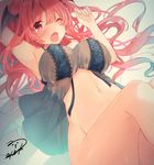  absurdres armpits babydoll bangs bare_arms black_babydoll bottomless breasts chromatic_aberration cropped head_wings highres koakuma large_breasts long_hair looking_at_viewer lying natsuki_(ukiwakudasai) navel on_back one_eye_closed open_mouth red_eyes red_hair solo touhou wavy_hair 
