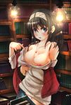  areola_slip areolae black_hair blue_eyes blush book bookshelf breast_hold breasts buell22 cleavage cowboy_shot hairband highres idolmaster idolmaster_cinderella_girls idolmaster_cinderella_girls_starlight_stage indoors jewelry ladder large_breasts library light_bulb long_hair long_sleeves looking_at_viewer necklace nipple_slip nipples no_bra off-shoulder_sweater open_mouth panties pants_pull panty_peek pendant ribbed_sweater sagisawa_fumika shawl sweater underwear undressing white_panties 