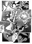  comic crazy_smile explosion greyscale hair_ribbon i-19_(kantai_collection) i-58_(kantai_collection) kantai_collection long_hair monochrome multiple_girls re-class_battleship ribbon school_swimsuit shaded_face shinkaisei-kan short_hair sweat swimsuit torpedo translated underwater yua_(checkmate) 